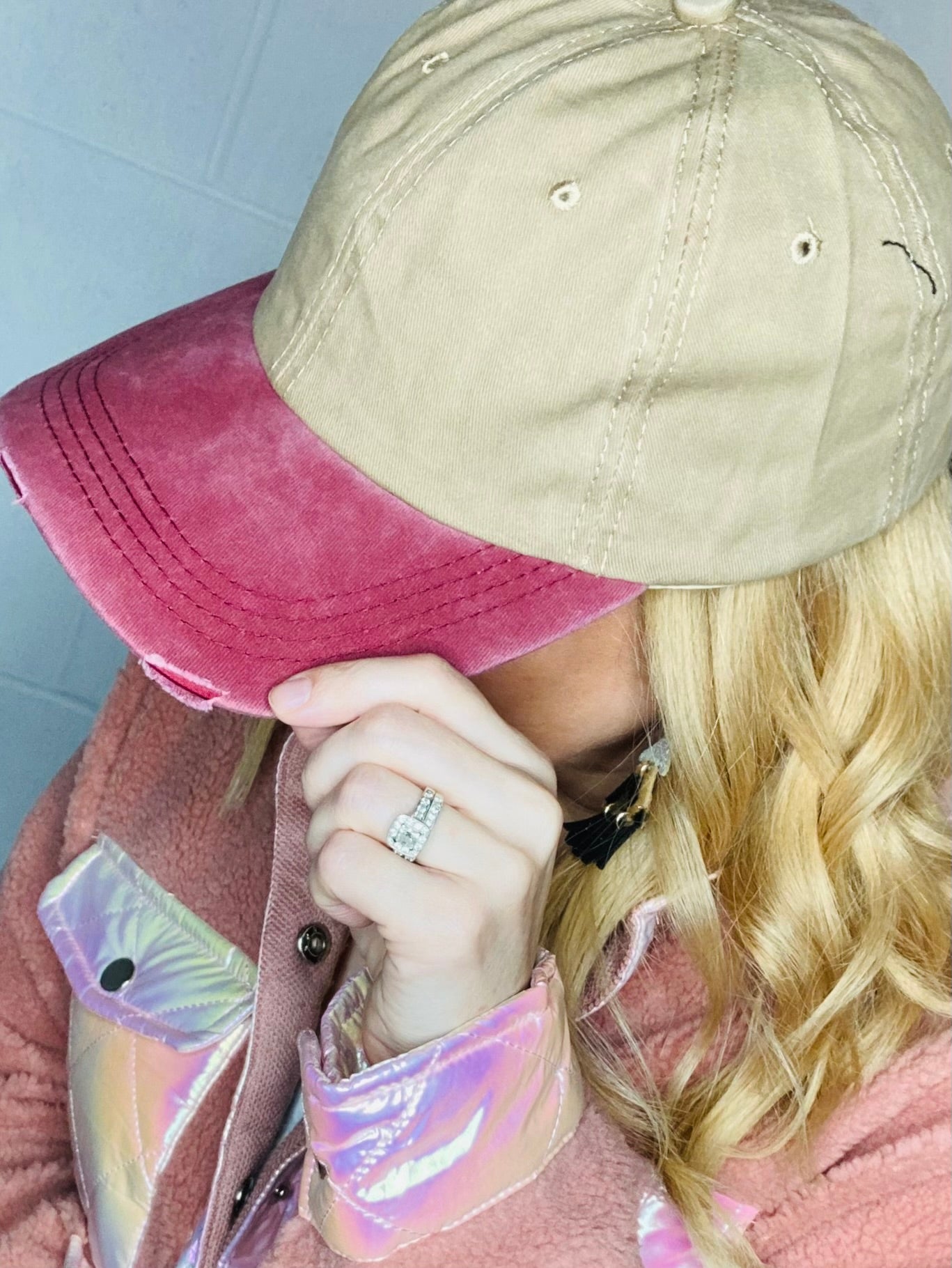 Beige and faded Burgundy Cap