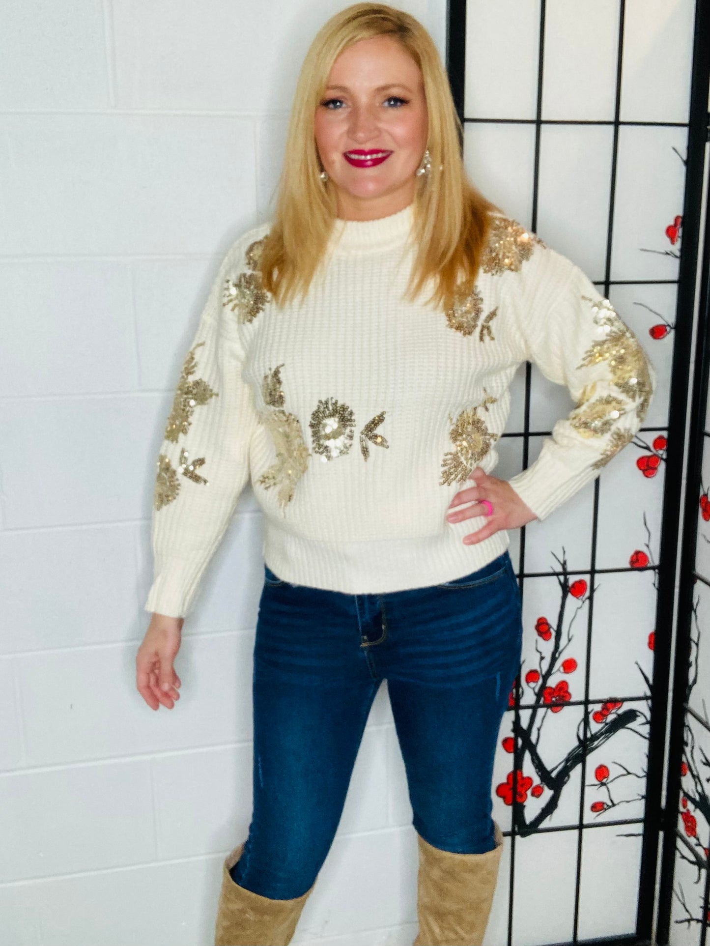 Ivory Gold Sequin Floral Sweater