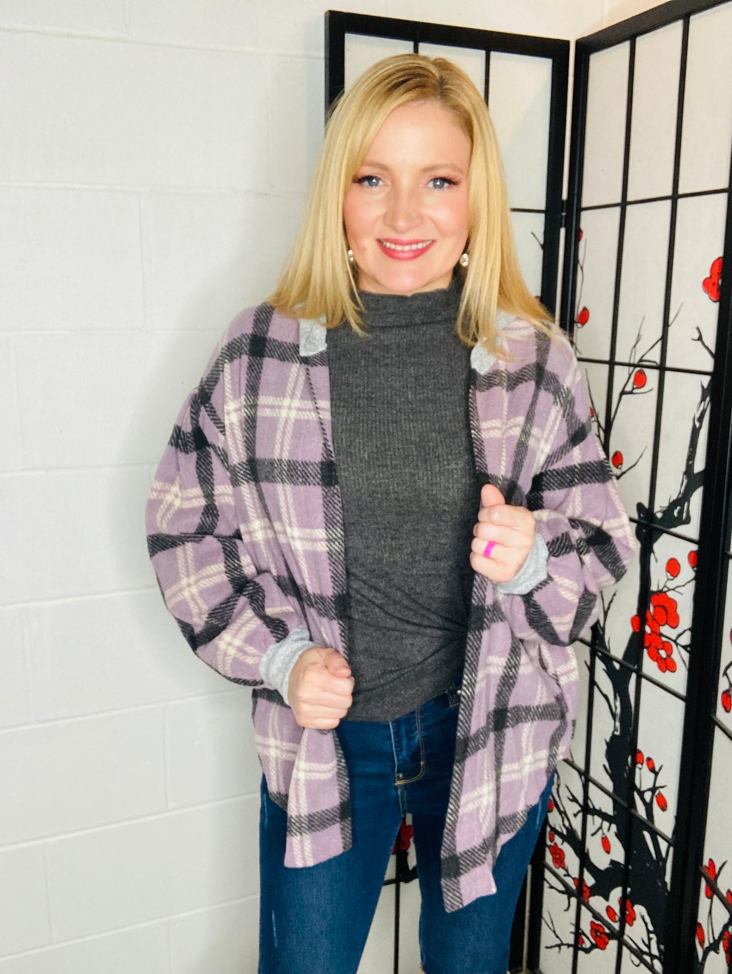 Purple hooded plaid Hacci Jacket