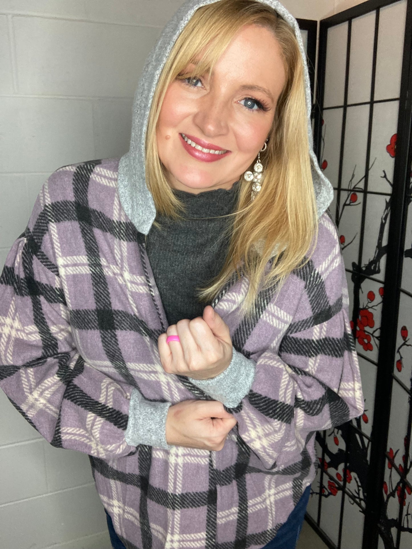 Purple hooded plaid Hacci Jacket