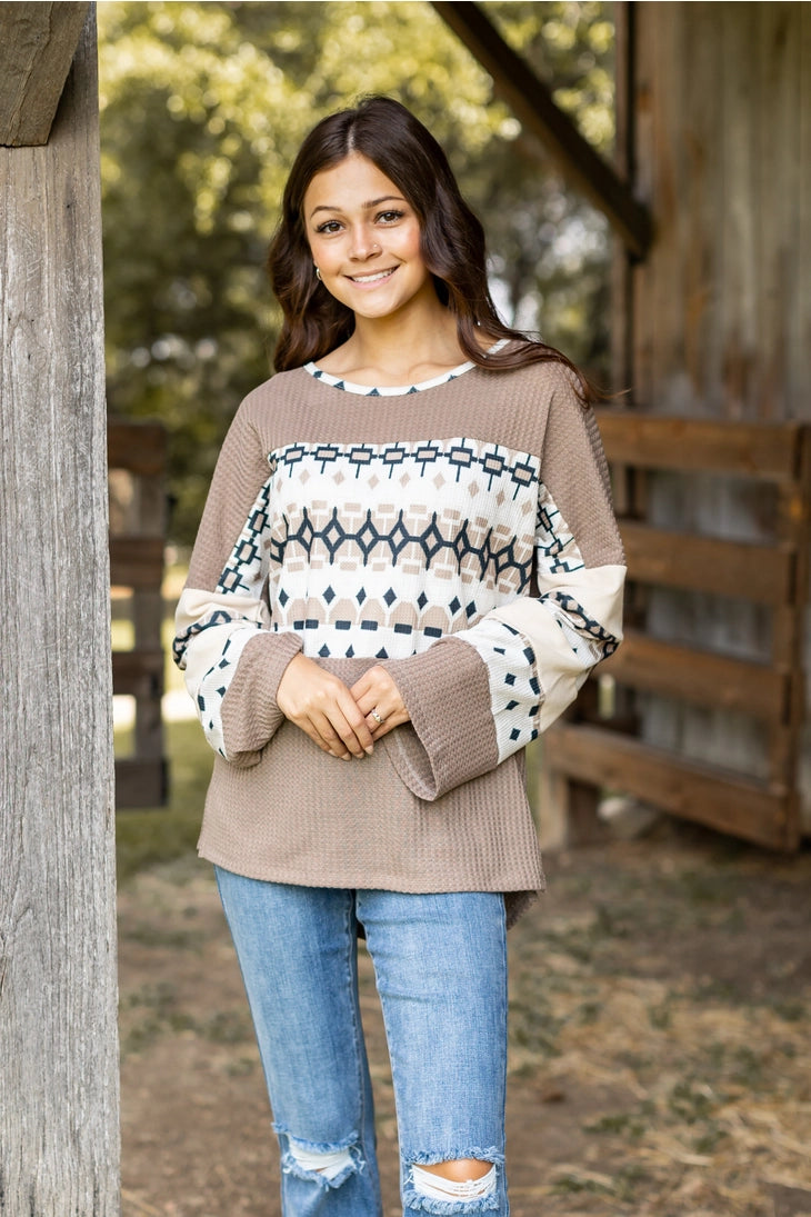Tan Waffle Knit Top with Aztec Details
