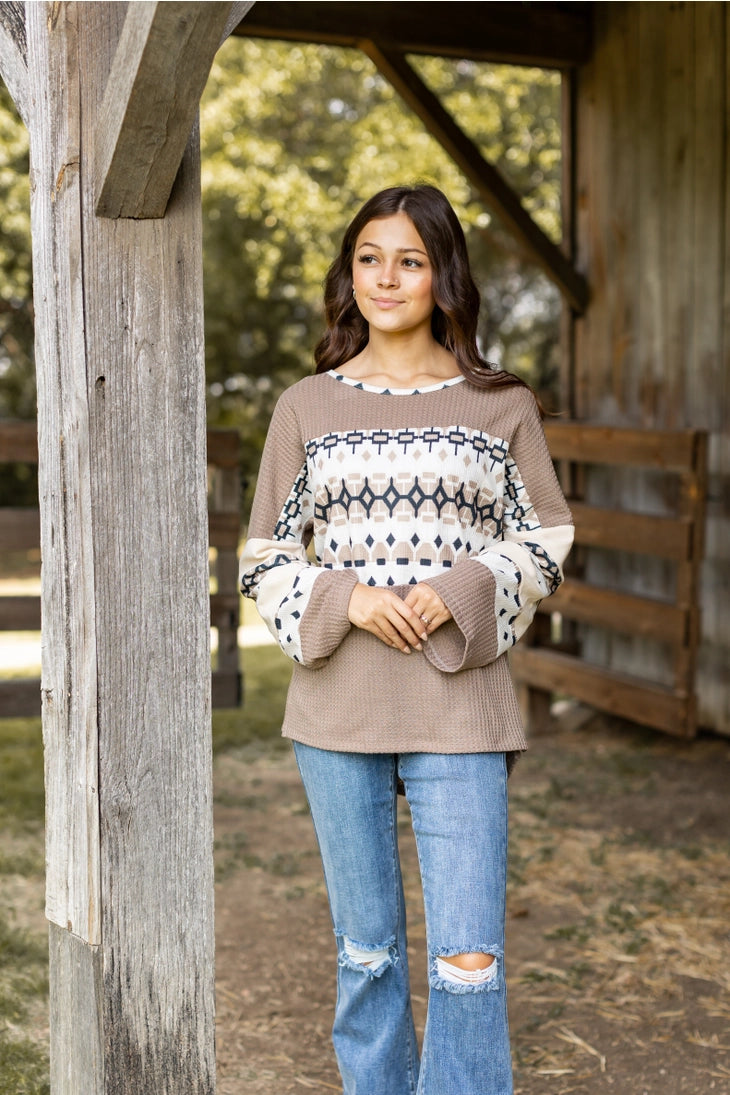 Tan Waffle Knit Top with Aztec Details