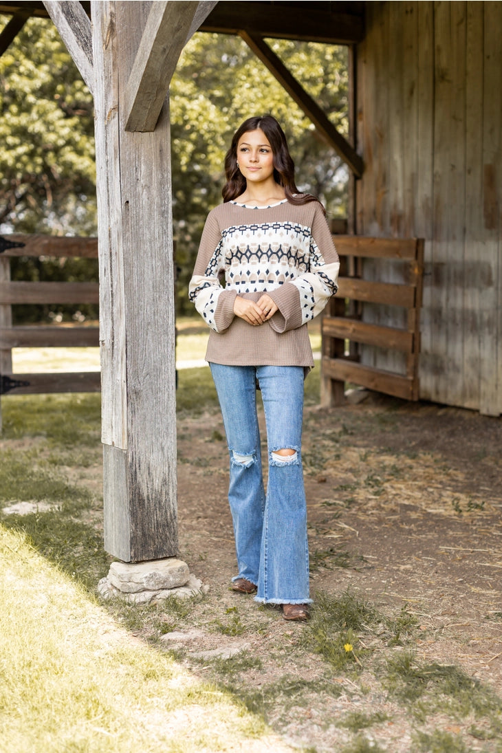 Tan Waffle Knit Top with Aztec Details