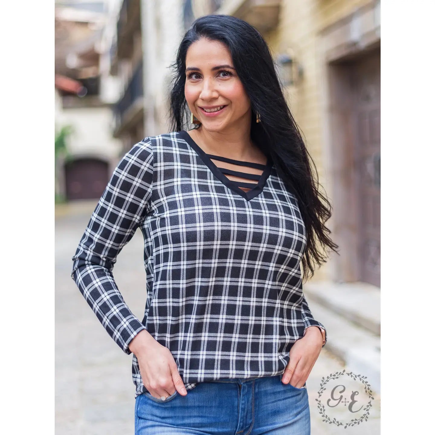 Caged V Neck Long Sleeve Black Plaid top