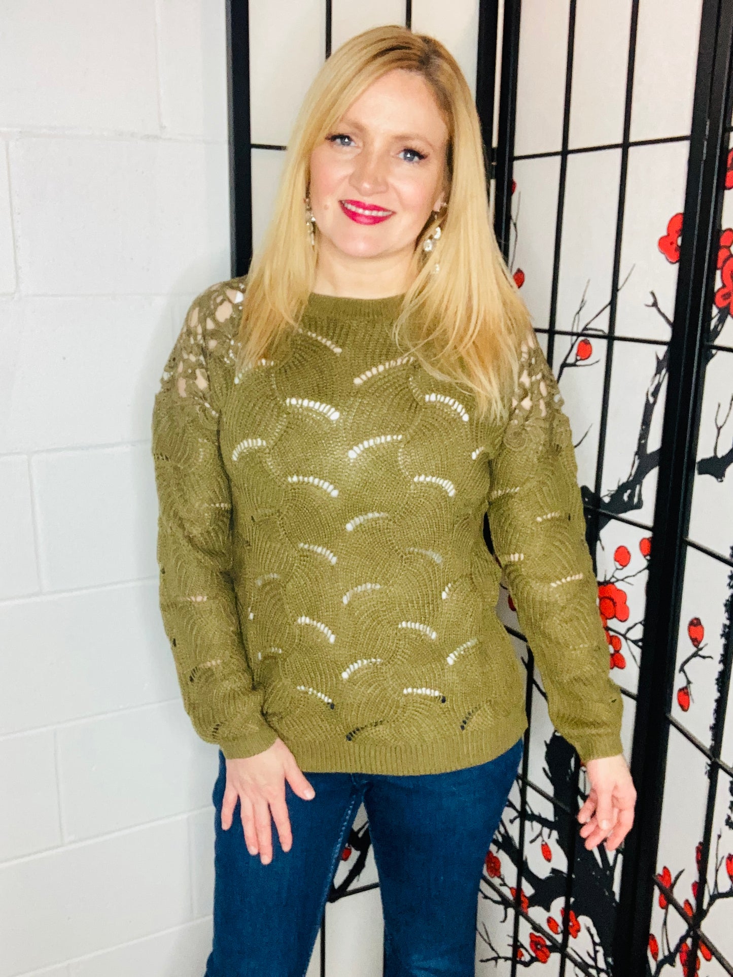 Casual chic olive pointelle lace shoulder knit sweater