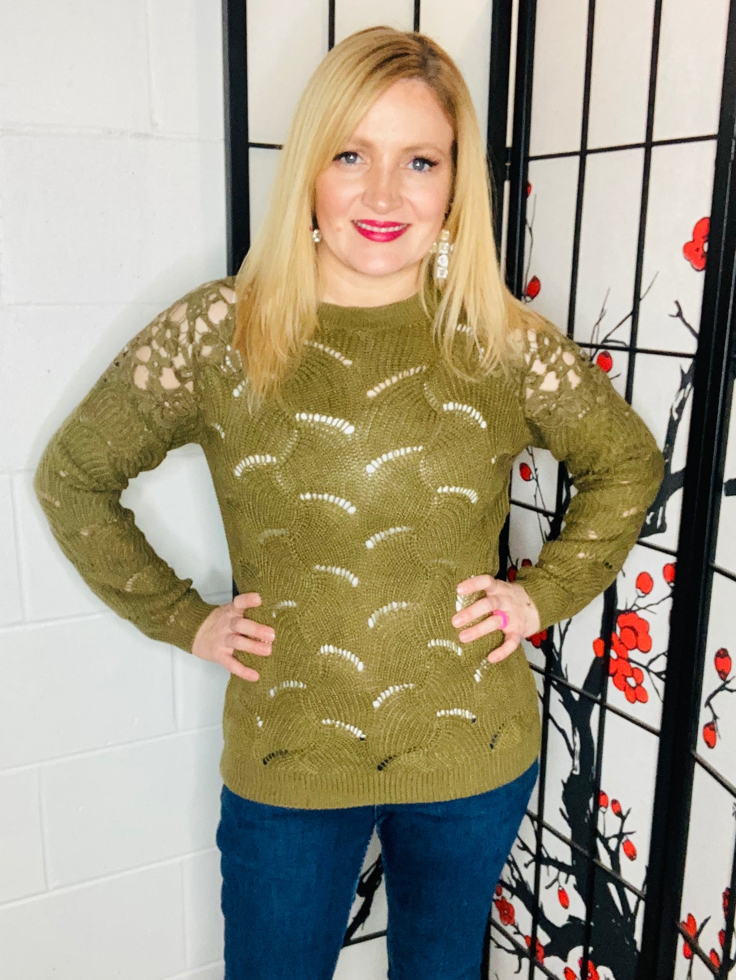 Casual chic olive pointelle lace shoulder knit sweater