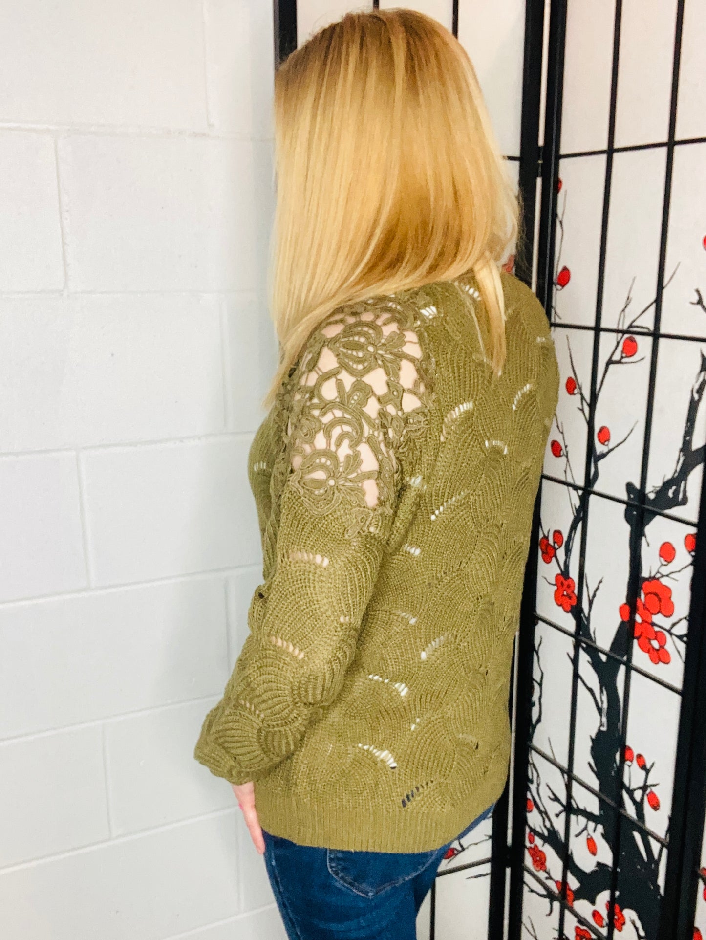 Casual chic olive pointelle lace shoulder knit sweater