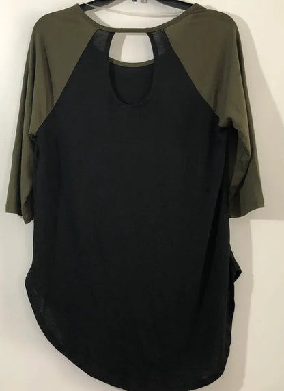 Black and olive 3/4 sleeve gold elephant design top