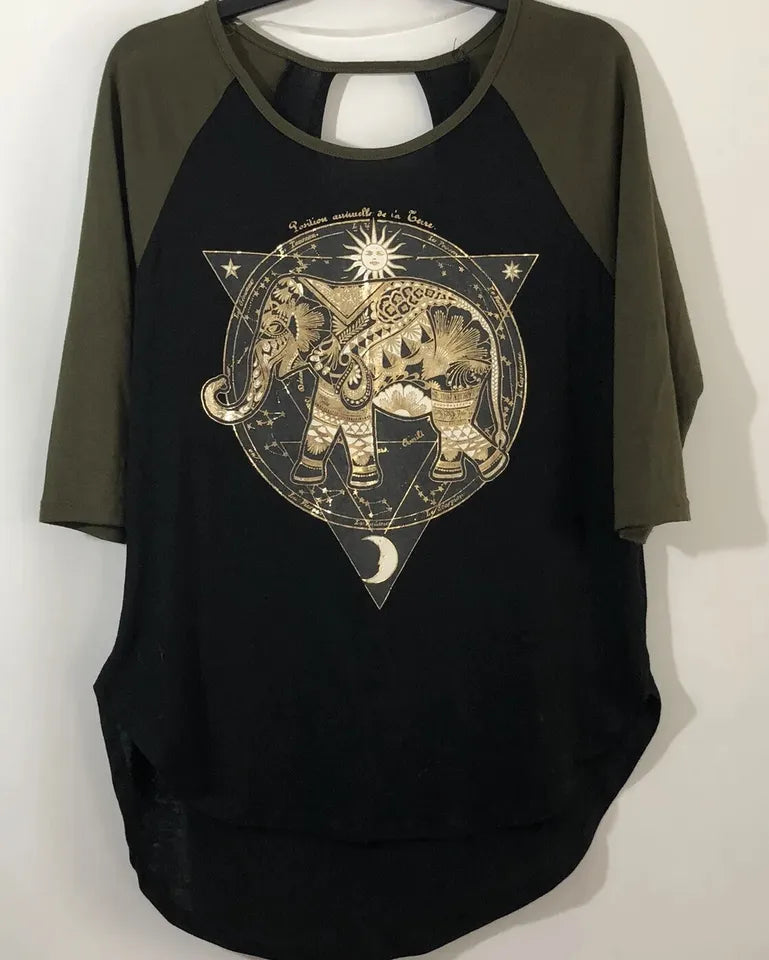 Black and olive 3/4 sleeve gold elephant design top