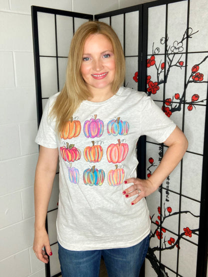 Graphic Tee-Ash Gray, watercolor pumpkins