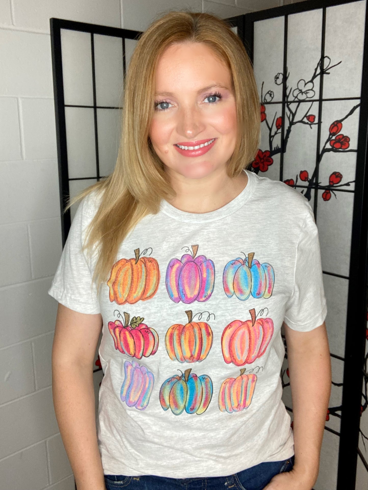 Graphic Tee-Ash Gray, watercolor pumpkins