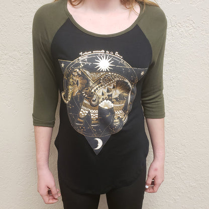 Black and olive 3/4 sleeve gold elephant design top