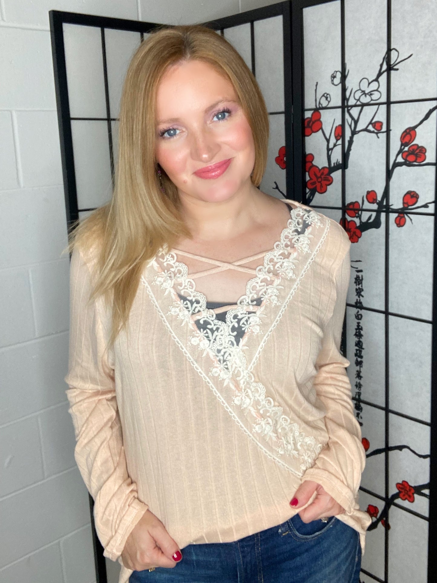 Plus fall peach faux wrap lace top