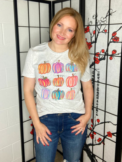 Graphic Tee-Ash Gray, watercolor pumpkins