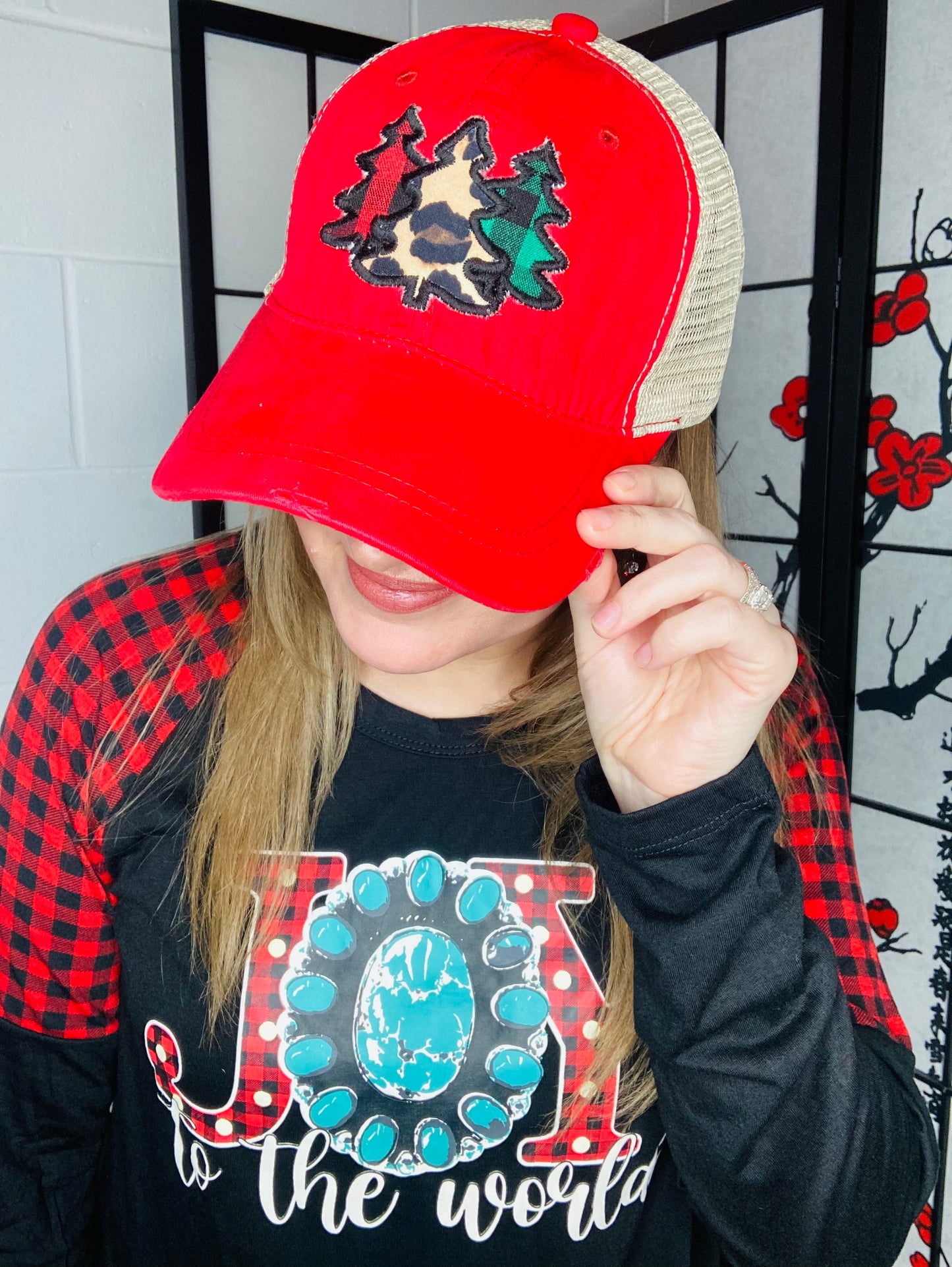 Red Holiday Tree Graphic Cap