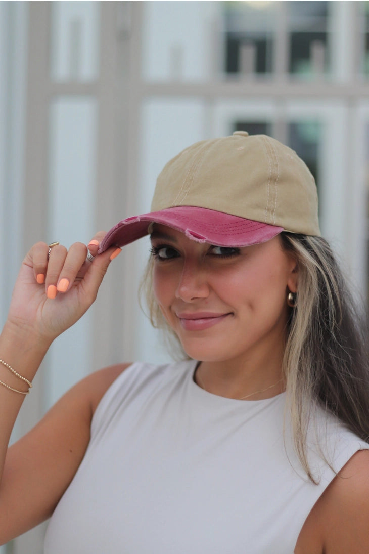 Beige and faded Burgundy Cap