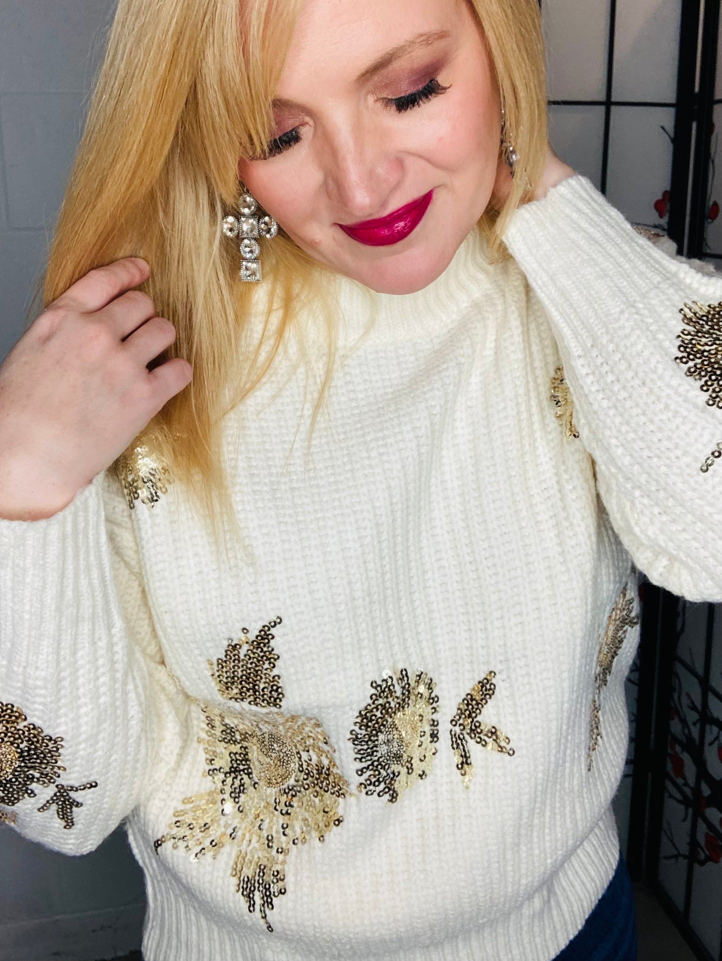 Ivory Gold Sequin Floral Sweater