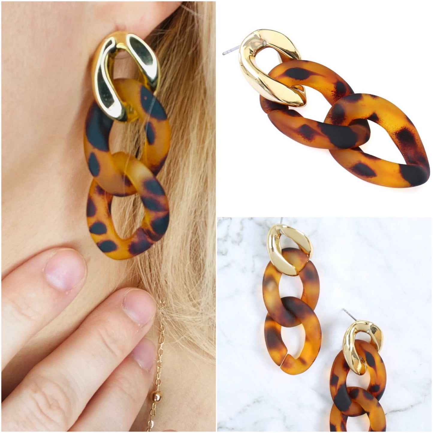 Acetate gold and leopard chain drop earrings