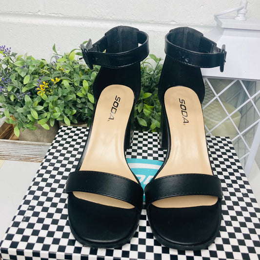 Black block heel ankle strap sandal