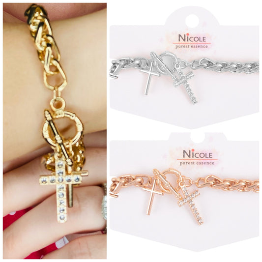 Pavé crystal double cross pendant toggle bracelet