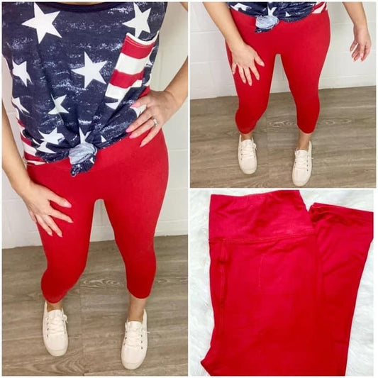 Capri Leggings-Red high waisted/yoga waistband