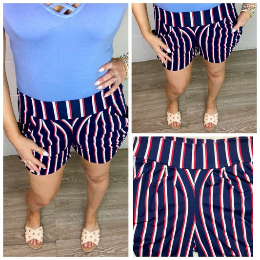 Yoga waist legging shorts with pockets-navy, red, white pinstripe